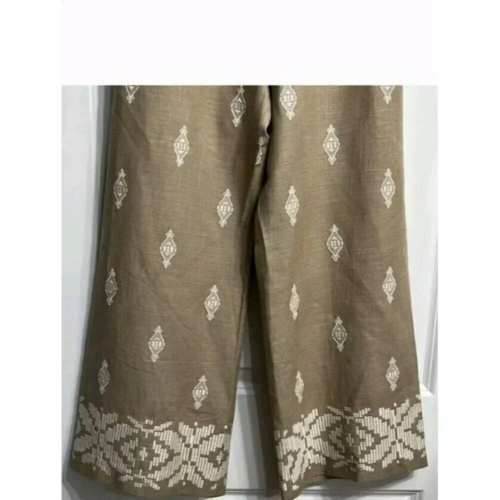 ZARA Linen Blend Embroidered Wide Leg Crop Pants Beige Blogger F 2731 047